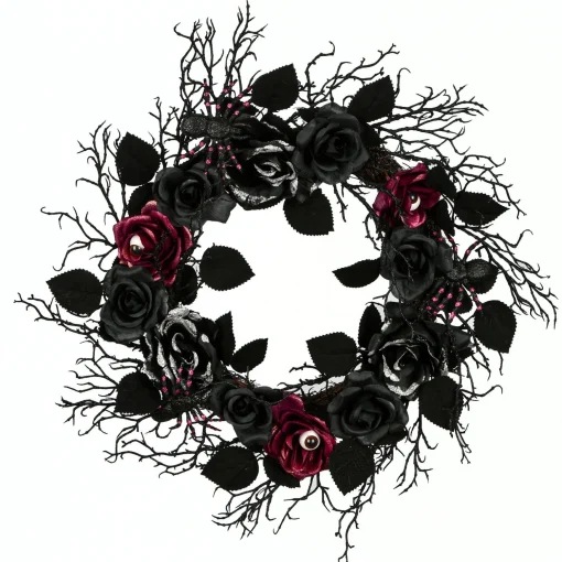 Cheap National Tree Company Halloween Artificial Spooky Wreath, Black, Decorated With Roses, Leaves, Thorny Branch Base, 22 Inches