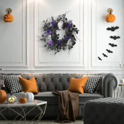Shop National Tree Company Halloween Artificial Wreath, Black, Decorated With Skulls, Roses, Purple Flowers, 24 Inches