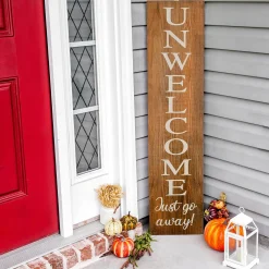 Store National Tree Company Halloween Hanging Porch Sign, Natural, 'Unwelcome, Just Go Away', Wooden Construction, 39 Inches