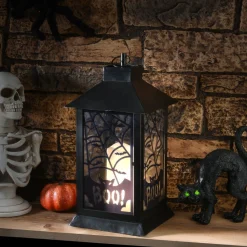 Cheap National Tree Company Halloween Lantern With Led Lights, Carved Images Of Bats And Cobwebs, 16 Inches