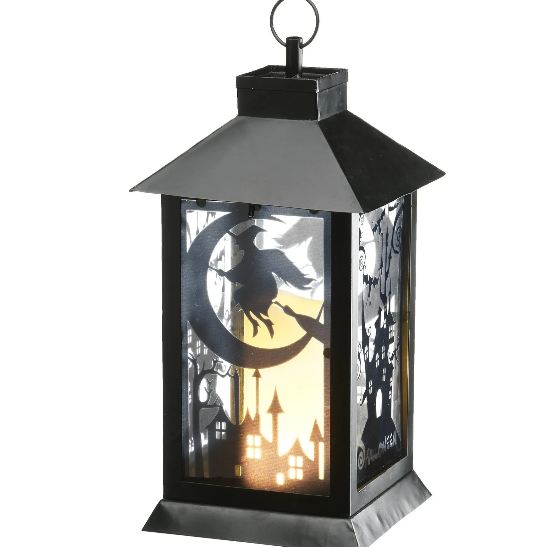 Store National Tree Company Halloween Lantern With Led Lights, Carved Images Of Witches And Cobwebs, 16 Inches