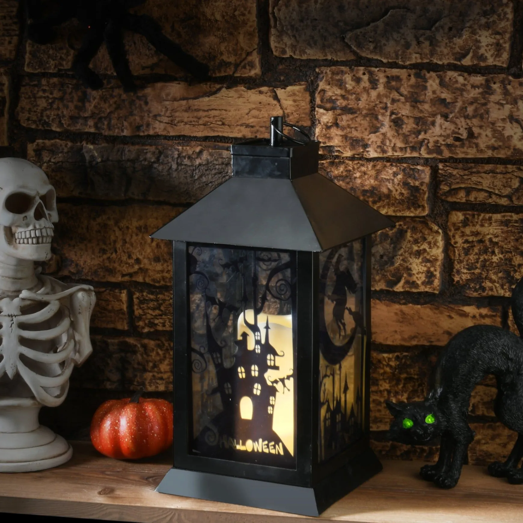 Store National Tree Company Halloween Lantern With Led Lights, Carved Images Of Witches And Cobwebs, 16 Inches
