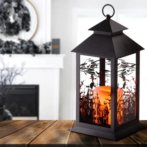 New National Tree Company Halloween Lantern With Led Lights, Carved Images Of Witches, Haunted House, 12 Inches
