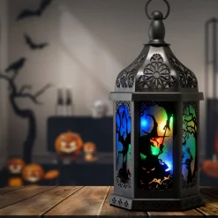 Hot National Tree Company Halloween Lantern With Led Lights, Carved Images, 15 Inches