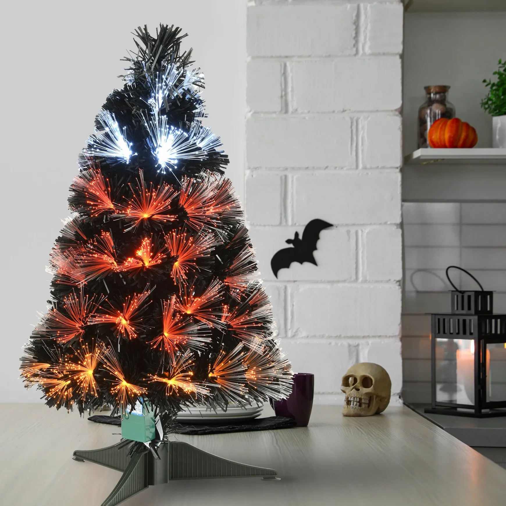 Cheap National Tree Company Halloween Pre Lit Artificial Tree Decoration, Black, Fiber Optic, Candy Corn Colored Lights, 3 Feet