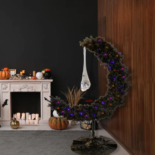 Outlet National Tree Company Halloween Pre Lit Artificial Tree Decoration, Black, Moon Shaped, Led Lights, Battery Operated, 6 Feet