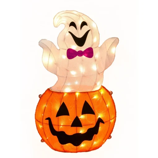 Discount National Tree Company Halloween Pre Lit Lawn Decoration, White, Pumpkin And Ghost, Led Lights, Plug In, 2 Feet