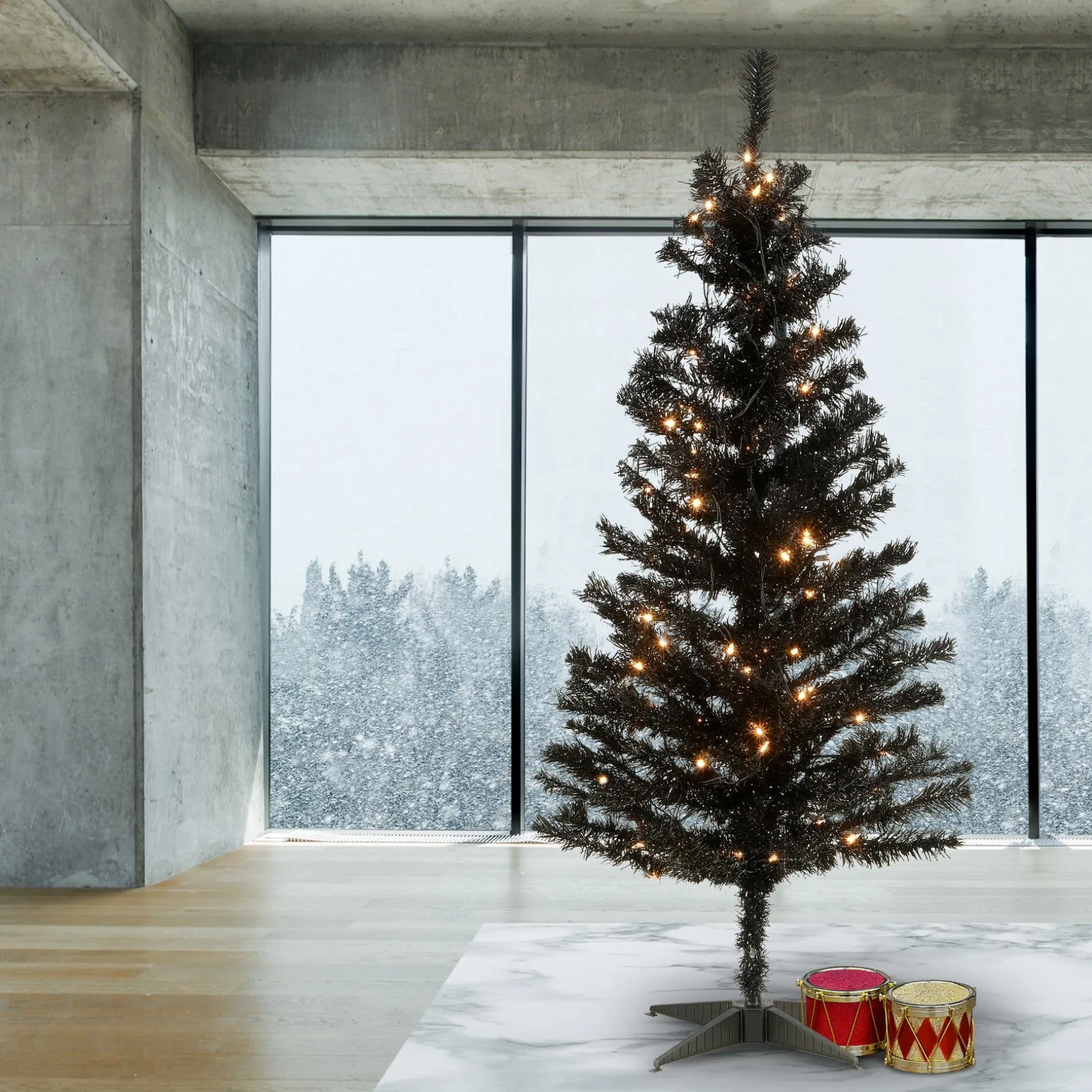 Hot National Tree Company Halloween Pre-Lit Artificial Christmas Tree, Black Tinsel, White Lights, Includes Stand, 4 Feet