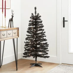 Hot National Tree Company Halloween Pre-Lit Artificial Christmas Tree, Black Tinsel, White Lights, Includes Stand, 4 Feet