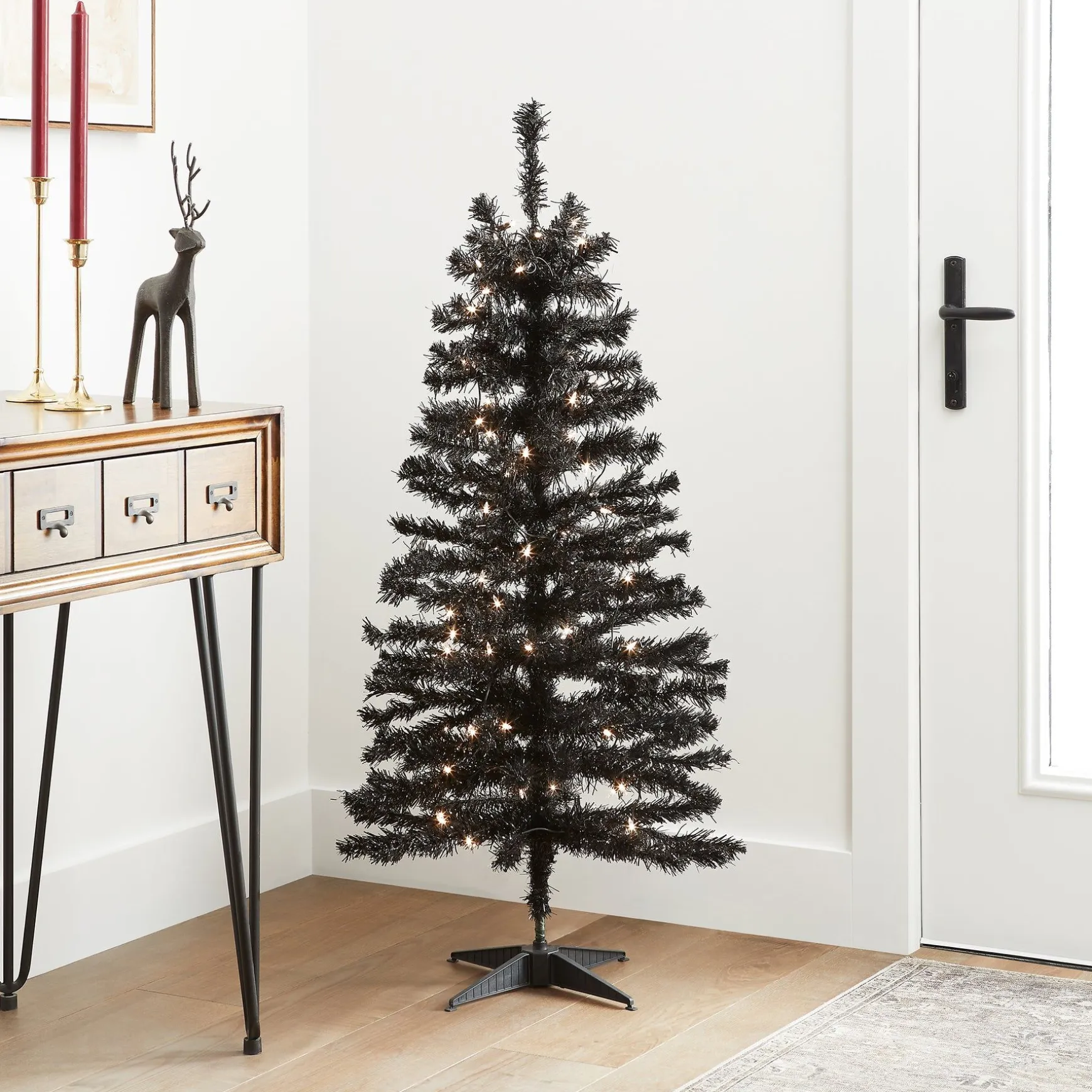 Hot National Tree Company Halloween Pre-Lit Artificial Christmas Tree, Black Tinsel, White Lights, Includes Stand, 4 Feet