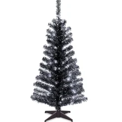 Hot National Tree Company Halloween Pre-Lit Artificial Christmas Tree, Black Tinsel, White Lights, Includes Stand, 4 Feet