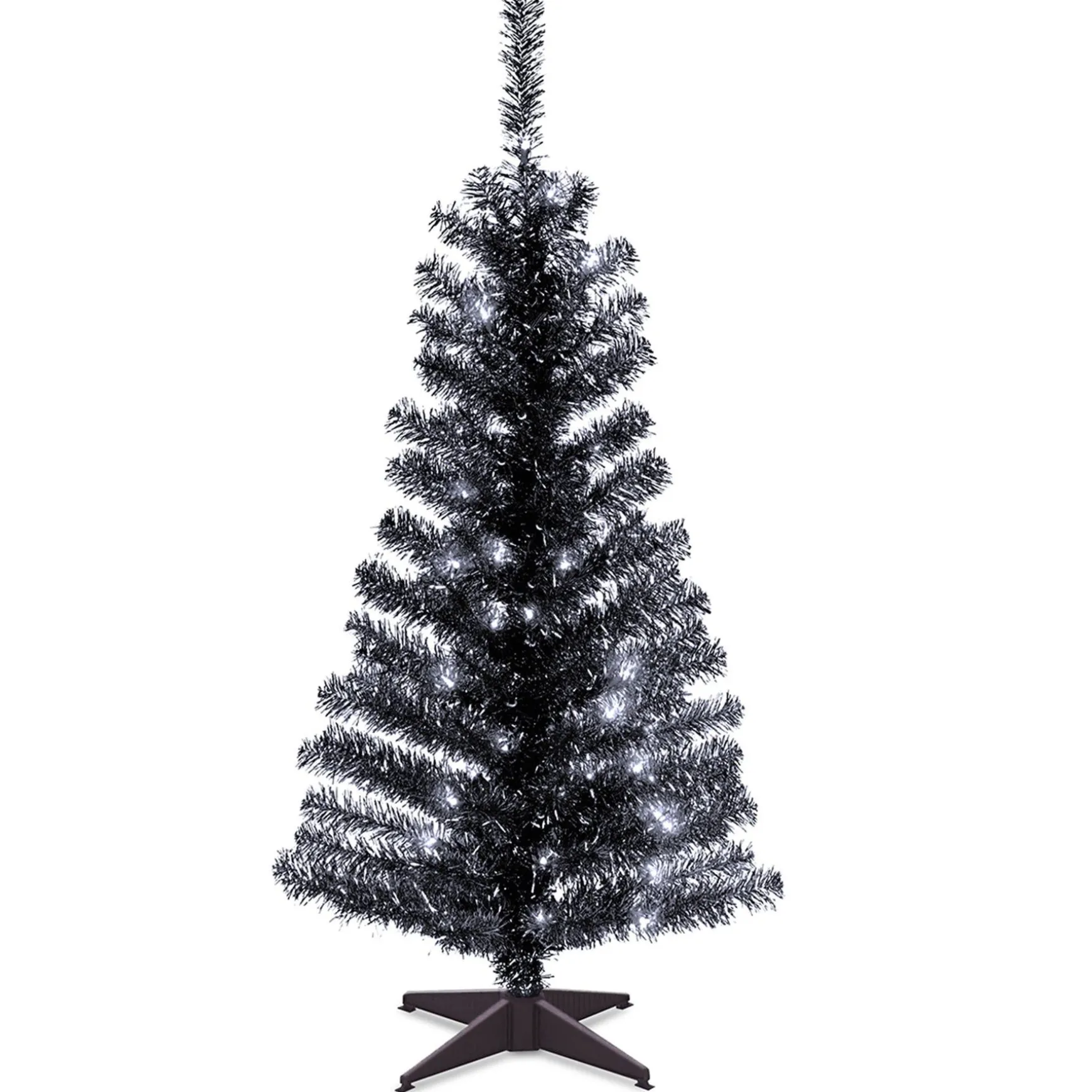 Hot National Tree Company Halloween Pre-Lit Artificial Christmas Tree, Black Tinsel, White Lights, Includes Stand, 4 Feet