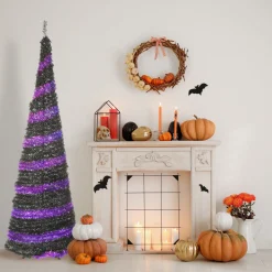 Clearance National Tree Company Halloween Pre-Lit Artificial Tree, Black, Evergreen, Led Lights, Includes Stand, 7.5 Feet