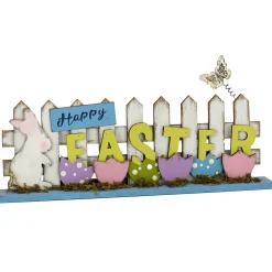 Best Sale National Tree Company Happy Easter Picket Fence Table Decoration, Designed With Painted Eggs, Bunny, Butterfly, Easter Collection, 16 Inches