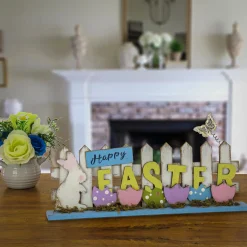 Best Sale National Tree Company Happy Easter Picket Fence Table Decoration, Designed With Painted Eggs, Bunny, Butterfly, Easter Collection, 16 Inches
