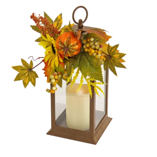 Shop National Tree Company 14"Harvest Harvest Lantern With Sunflower, Mixed Leaves, Berry & Pumpkin