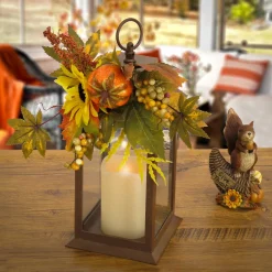 Shop National Tree Company 14"Harvest Harvest Lantern With Sunflower, Mixed Leaves, Berry & Pumpkin