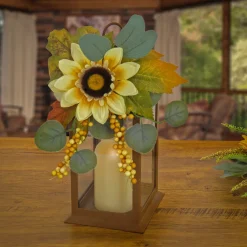 Shop National Tree Company 13"Harvest Harvest Lantern With Sunflower, Maple Leaves, Eucalyptus, Berry