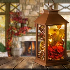Clearance National Tree Company Harvest Lantern With Led Lights, Filled With Pumpkins, Leaves, Flowers, Berry Clusters, 12 Inches
