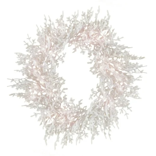 Store National Tree Company Hgtv Home Collection Pre-Lit Christmas By The Sea Coral Artificial Wreath Pre-Strung With Warm White Led Lights , Plug In With Timer, Hgtv Home Collection, Coral, 30In