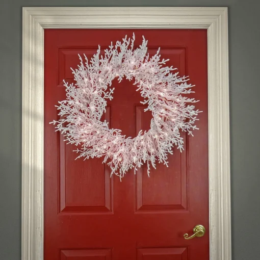 Store National Tree Company Hgtv Home Collection Pre-Lit Christmas By The Sea Coral Artificial Wreath Pre-Strung With Warm White Led Lights , Plug In With Timer, Hgtv Home Collection, Coral, 30In