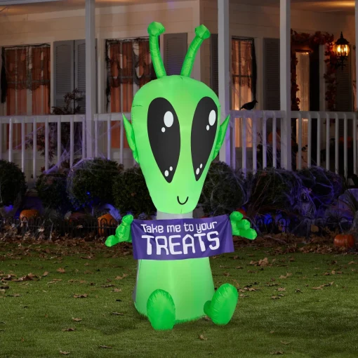 Hot National Tree Company Inflatable Decoration, Multi, Alien With Sign, Led Lights, Plug In, Halloween Collection, 7 Feet
