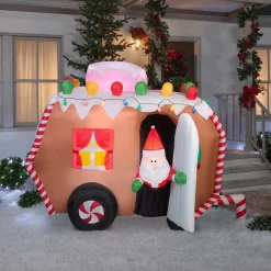 Store National Tree Company Inflatable Gingerbread Trailer With Santa, Led Lights, Plug In, Christmas Collection, 7.5 Feet
