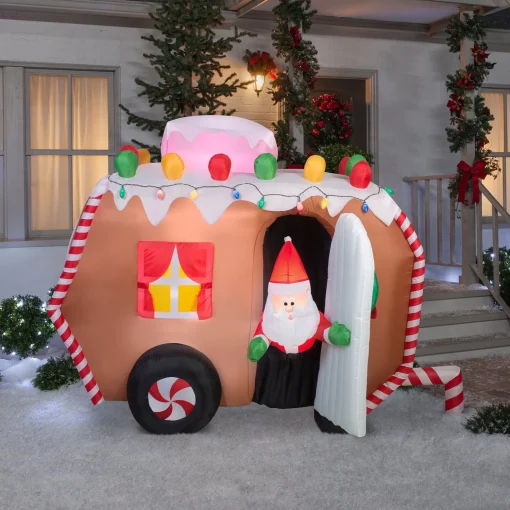 Store National Tree Company Inflatable Gingerbread Trailer With Santa, Led Lights, Plug In, Christmas Collection, 7.5 Feet
