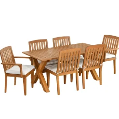 Clearance National Tree Company National Outdoor Living All Weather Wooden Table Set, Eucalyptus Grandis Wood, Includes Dining Table And Six Chairs, 72 Inches