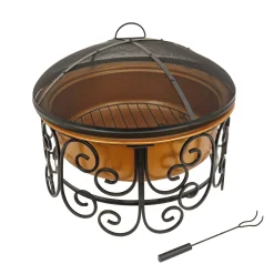 New National Tree Company National Outdoor Living Fire Pit, Steel, Copper Finish, Includes Ornate Black Stand, Screen Cover, Fire Poker, 30 Inches