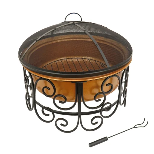 New National Tree Company National Outdoor Living Fire Pit, Steel, Copper Finish, Includes Ornate Black Stand, Screen Cover, Fire Poker, 30 Inches