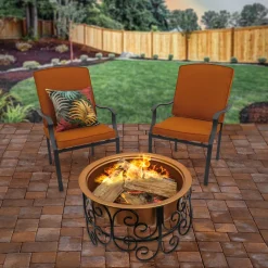 New National Tree Company National Outdoor Living Fire Pit, Steel, Copper Finish, Includes Ornate Black Stand, Screen Cover, Fire Poker, 30 Inches