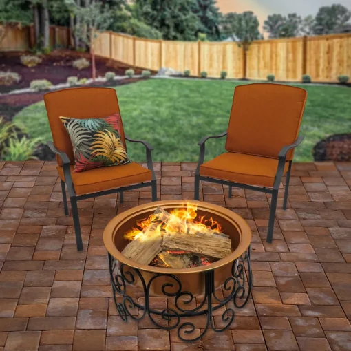 New National Tree Company National Outdoor Living Fire Pit, Steel, Copper Finish, Includes Ornate Black Stand, Screen Cover, Fire Poker, 30 Inches