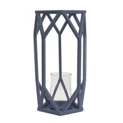 Discount National Tree Company National Outdoor Living Lantern Candleholder, Dusty Blue, Modern Design And Finish, Includes Glass Chimney, 14 Inches