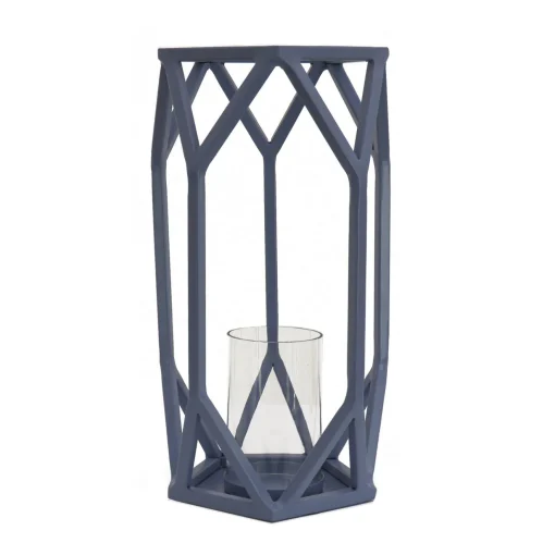 Discount National Tree Company National Outdoor Living Lantern Candleholder, Dusty Blue, Modern Design And Finish, Includes Glass Chimney, 14 Inches