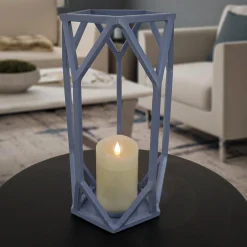 Discount National Tree Company National Outdoor Living Lantern Candleholder, Dusty Blue, Modern Design And Finish, Includes Glass Chimney, 14 Inches