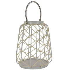 New National Tree Company National Outdoor Living Lantern Candleholder, Woven Rope Construction, Glacier Gray, Modern Design And Finish, Includes Metal Handle, 12 Inches
