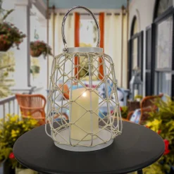 New National Tree Company National Outdoor Living Lantern Candleholder, Woven Rope Construction, Glacier Gray, Modern Design And Finish, Includes Metal Handle, 12 Inches