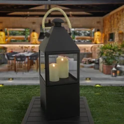 Clearance National Tree Company National Outdoor Living Lantern Candleholder, Enclosed Glass, Matte Black Finish, Metal, Rope Handle, 29 Inches