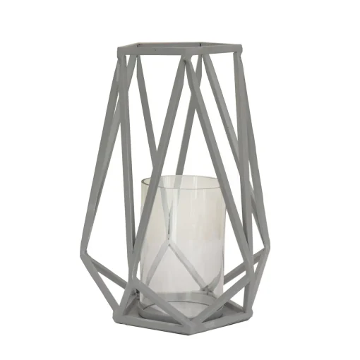Clearance National Tree Company National Outdoor Living Lantern Candleholder, Glacier Gray, Modern Design And Finish, Includes Glass Chimney, 10 Inches