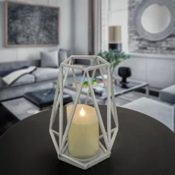 Clearance National Tree Company National Outdoor Living Lantern Candleholder, Glacier Gray, Modern Design And Finish, Includes Glass Chimney, 10 Inches