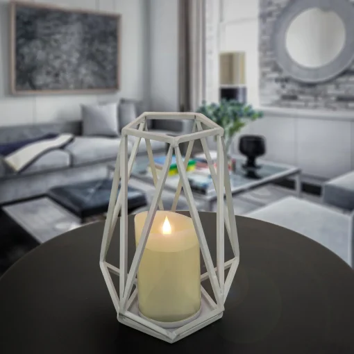 Clearance National Tree Company National Outdoor Living Lantern Candleholder, Glacier Gray, Modern Design And Finish, Includes Glass Chimney, 10 Inches