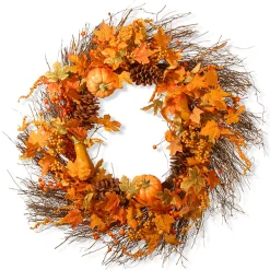 Discount National Tree Company Artificial Autumn Wreath, Decorated With Pumpkins, Pinecones, Berry Clusters, Maple Leaves, Autumn Collection, 28 In