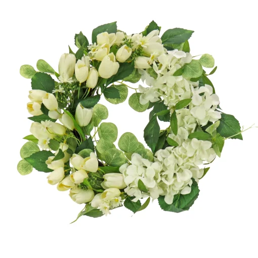 Artificial Wreath Decoration, Cream, Woven Branch Base, Decorated With Tulip And Buttercup Blooms, Seed Pods, Flowing Green Stems, Spring Collection, 22 Inches^National Tree Company Fashion