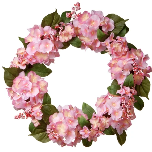 Artificial Hanging Wreath, Woven Branch Base, Decorated With Pink Hydrangea Blooms, Berry Clusters, Leafy Greens, Spring Collection, 24 Inches^National Tree Company Online