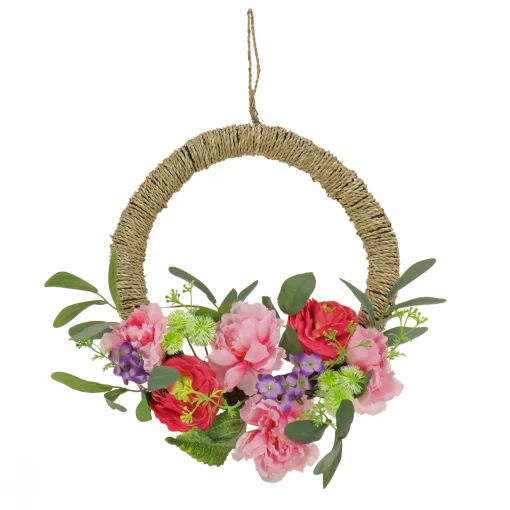 Artificial Wreath Decoration, Pink, Woven Hoop Ring Base, Decorated With Peony, Rose And Globe Flower Blooms, Seed Pods, Flowing Green Stems, Spring Collection, 16 Inches^National Tree Company Store
