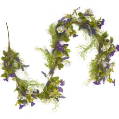 Artificial Hanging Garland, Vine Stem Base, Decorated With Purple And White Flowers, Green Leaves, Yellow Grass, Spring Collection, 6 Feet^National Tree Company Best