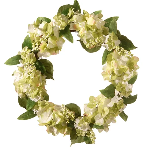 Artificial Hanging Wreath, Green, Woven Vine Stem Base, Decorated With Hydrangea Blooms, Berry Clusters, Leafy Greens, Spring Collection, 24 Inches^National Tree Company Best