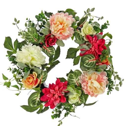 Artificial Wreath Decoration, Pink, Woven Branch Base, Decorated With Mixed Flower Blooms, Flowing Green Stems, Spring Collection, 22 Inches^National Tree Company Fashion