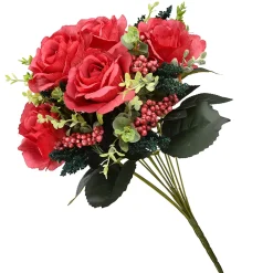 Artificial Floral Bouquet, Vine Stem Base, Decorated With Red Rose Blooms, Berry Clusters, Seed Pods, Leafy Greens, Spring Collection, 19 Inches^National Tree Company Fashion